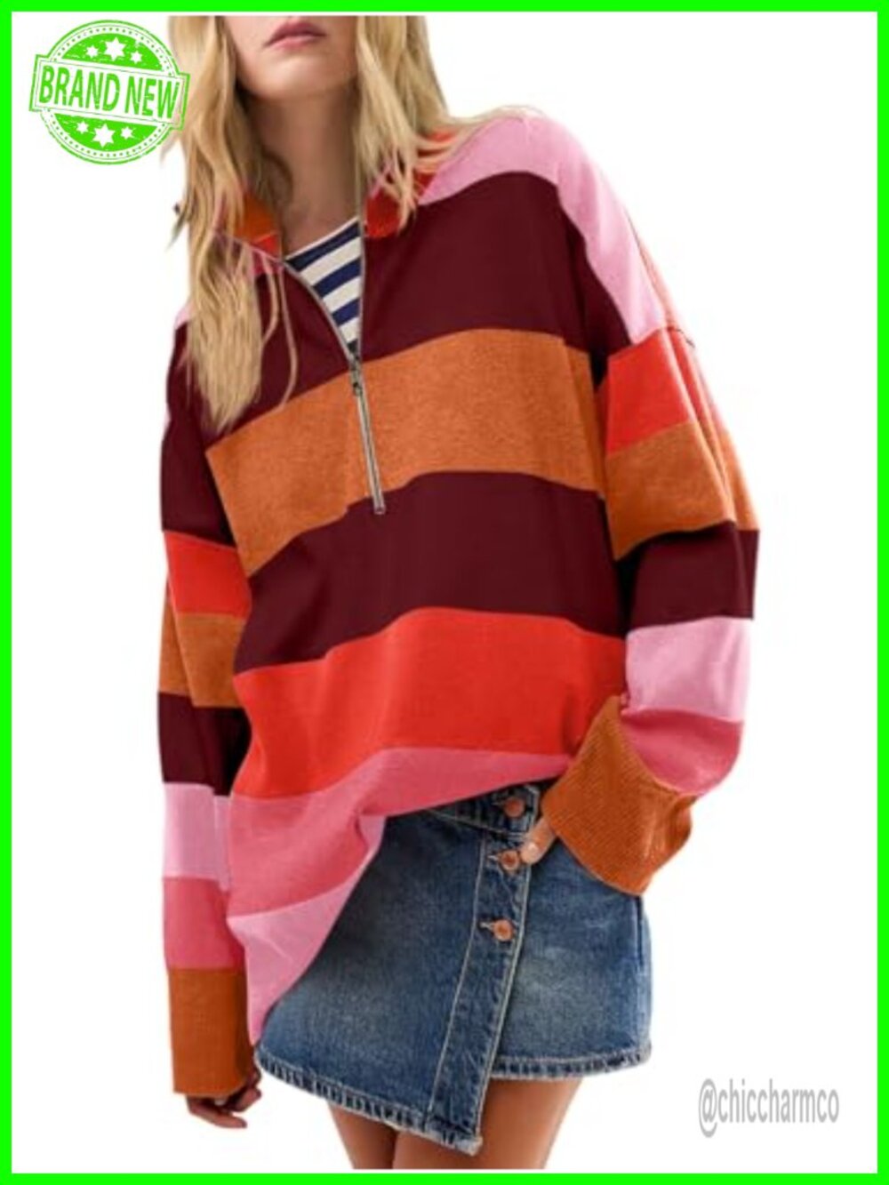 Womens Striped Half Zip Turtleneck Sweater Oversized Pullover Fall